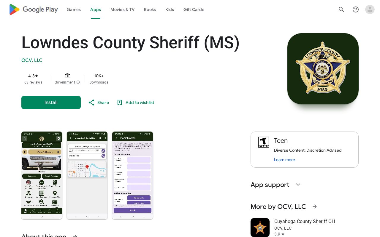 Mississippi sheriff app listing for a county custody and information channel