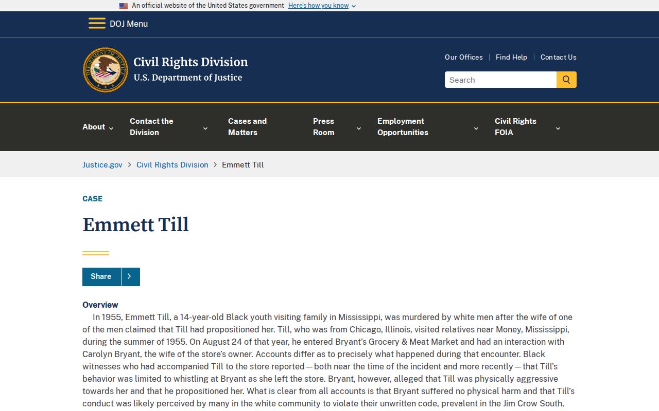 Mississippi DOJ case-history page for the Emmett Till arrest, indictment, and acquittal record