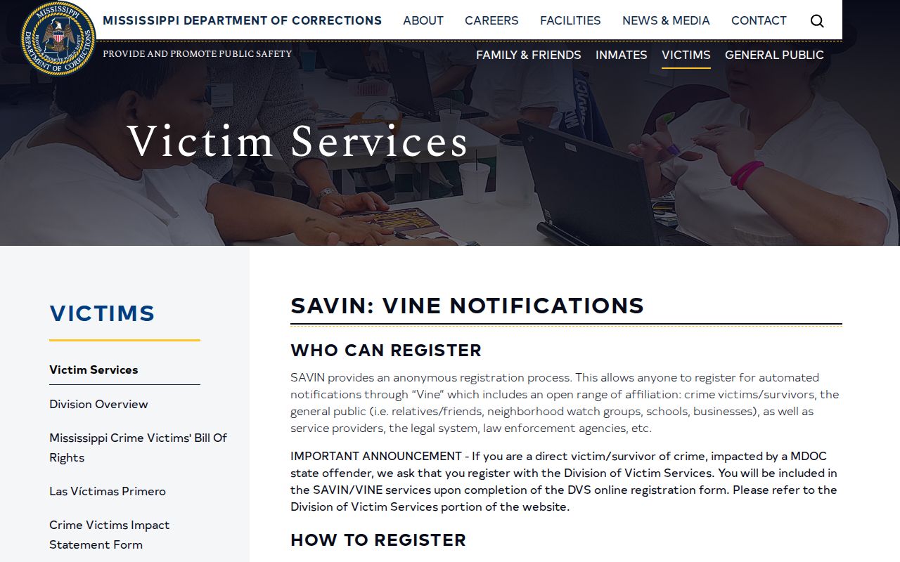 Mississippi MDOC SAVIN VINE notification page for custody and release events