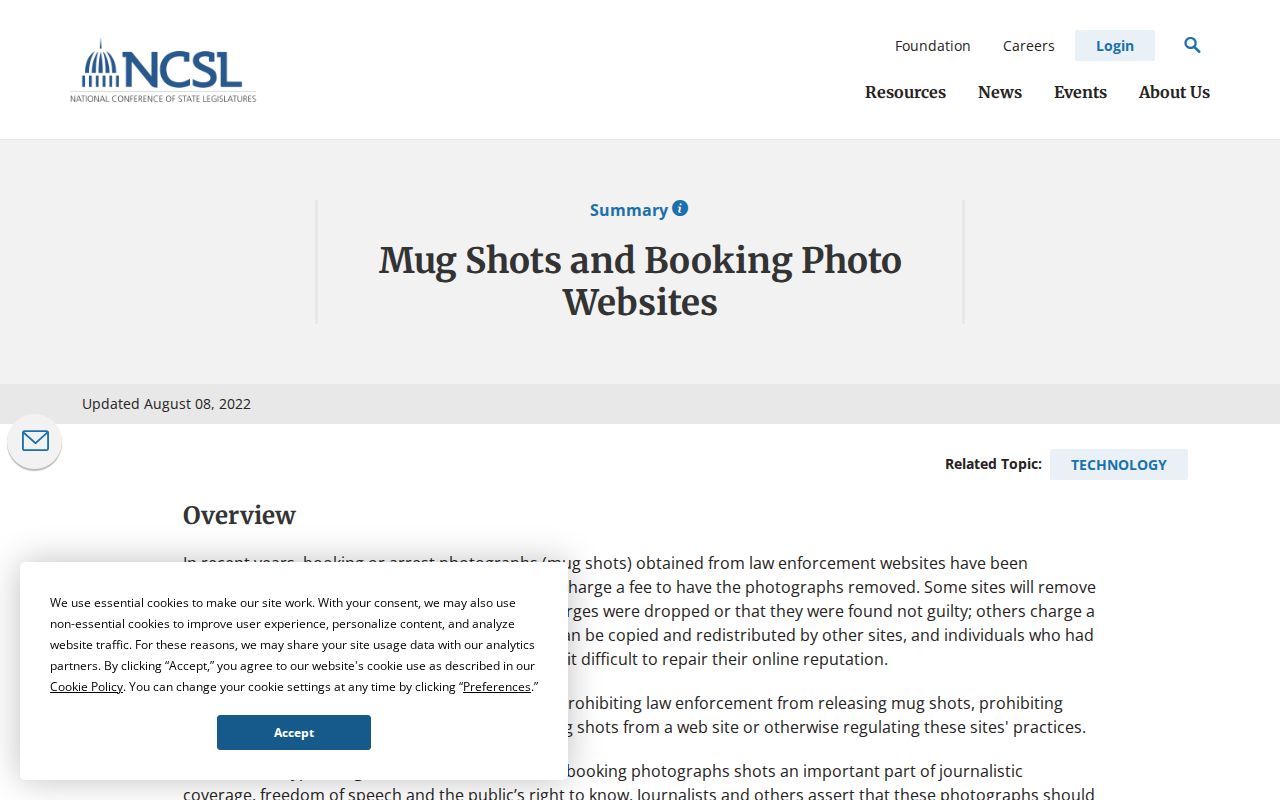 NCSL state survey showing failed Mississippi booking-photo proposals