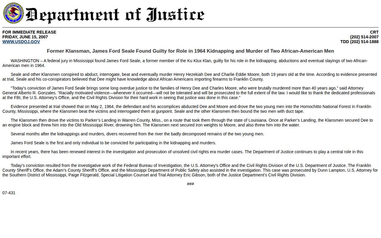 Mississippi DOJ release page documenting the James Ford Seale federal conviction and sentence