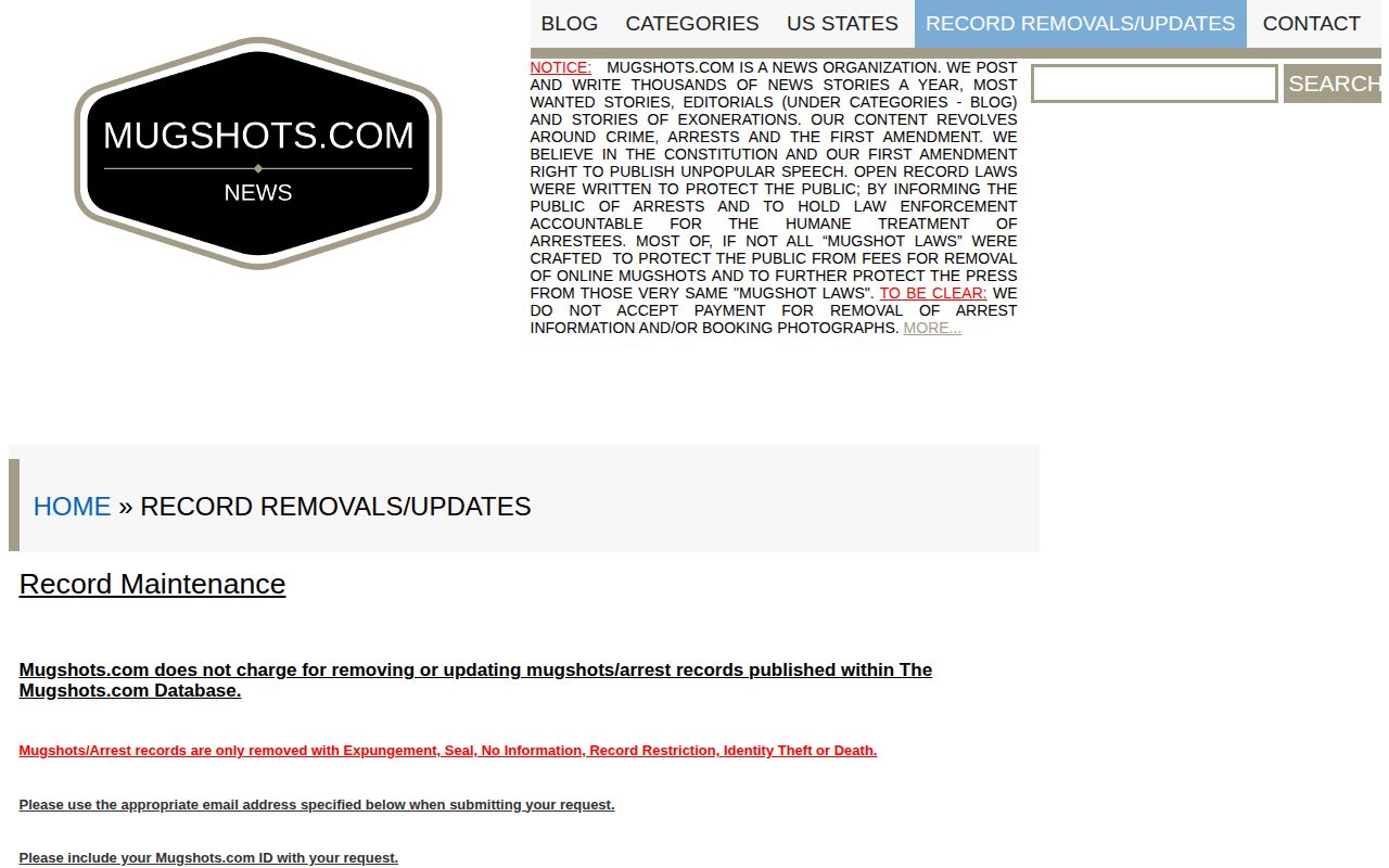 Mugshots.com record-maintenance policy for Mississippi record corrections