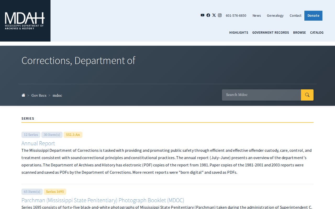 Mississippi Department of Archives and History catalog entry for historical corrections photographs