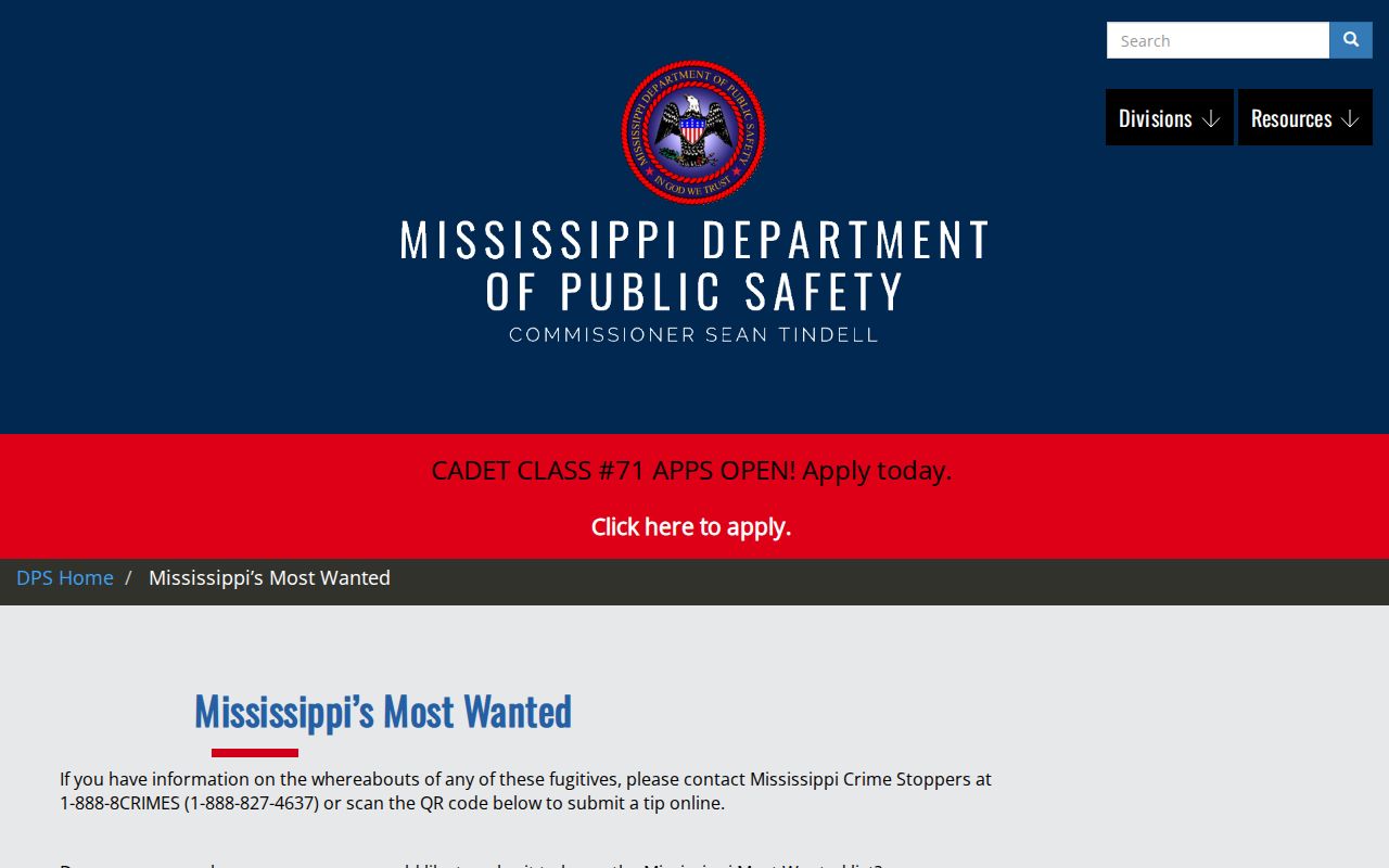 Mississippi DPS official wanted page with a safety notice and tip route