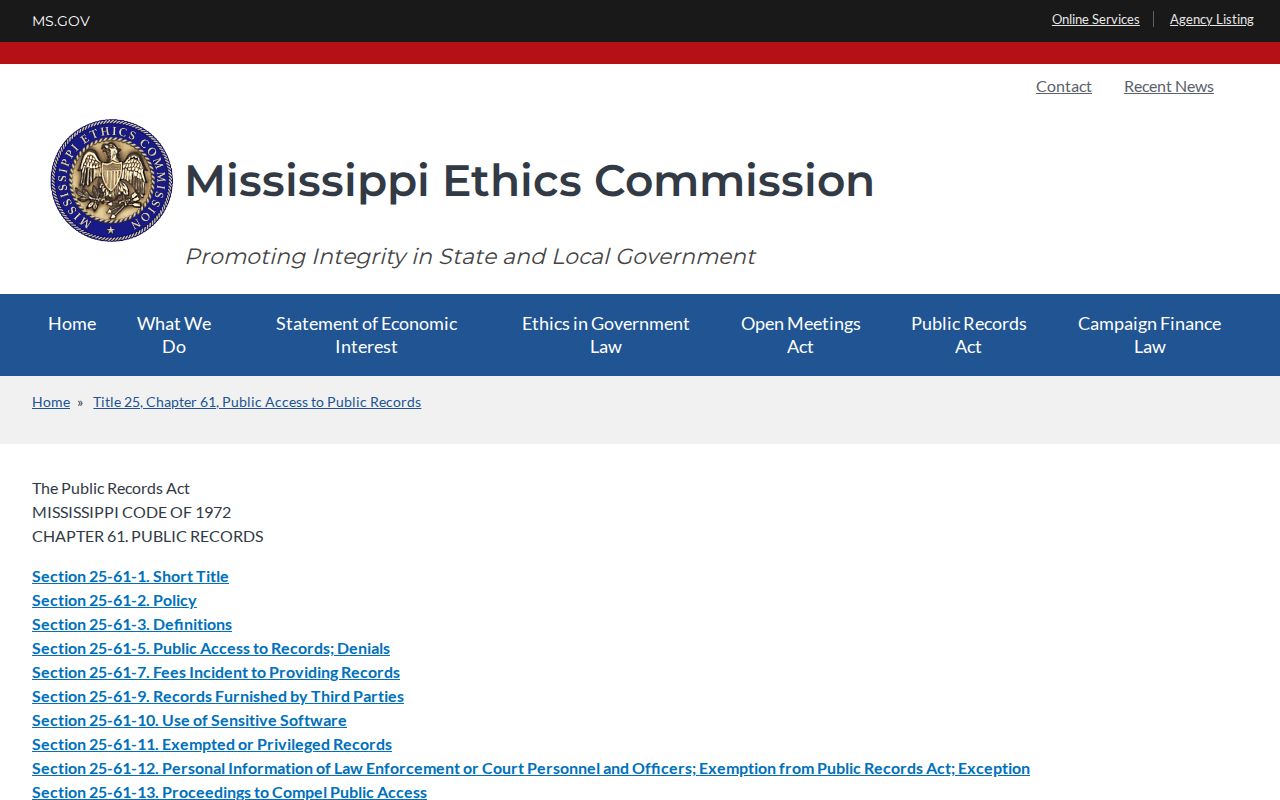 Mississippi Public Records Act source page for booking and photo records