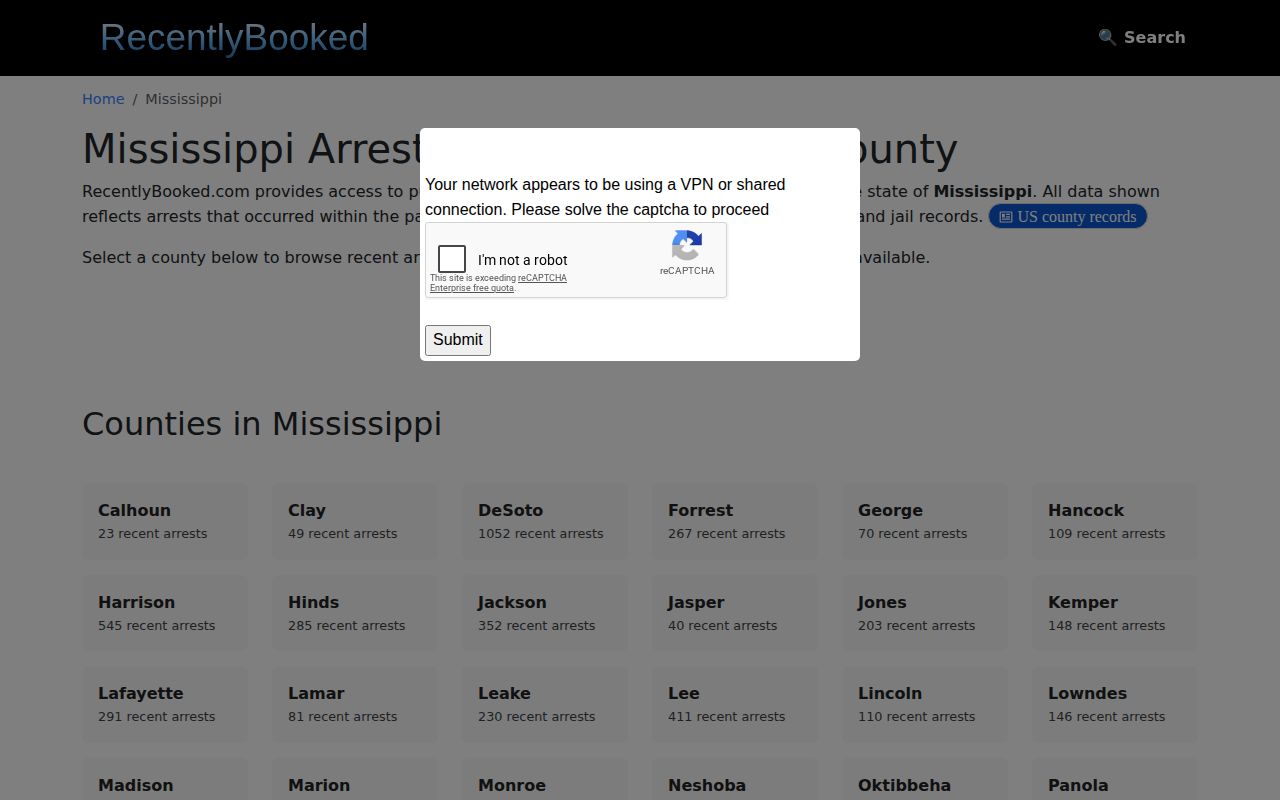 Unofficial Mississippi arrest search page with county navigation and a verification challenge