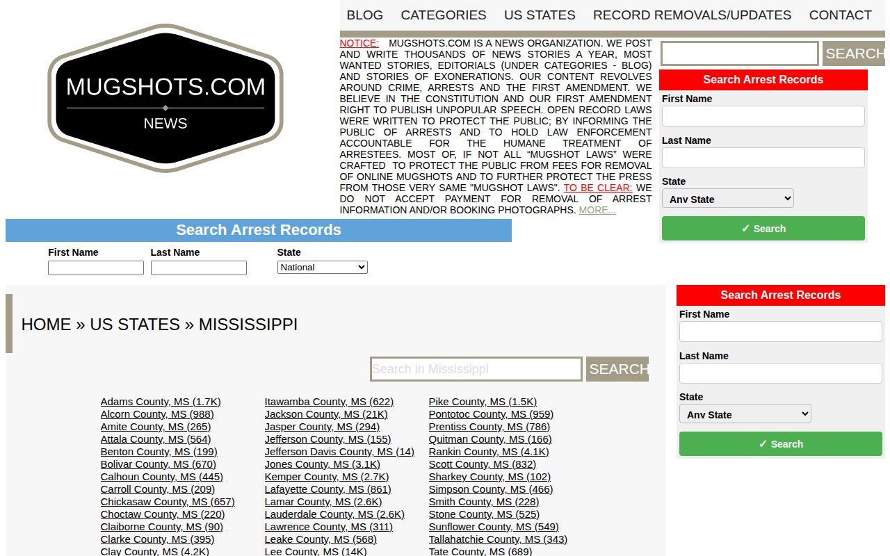 Unofficial Mississippi arrest publisher state and county navigation page