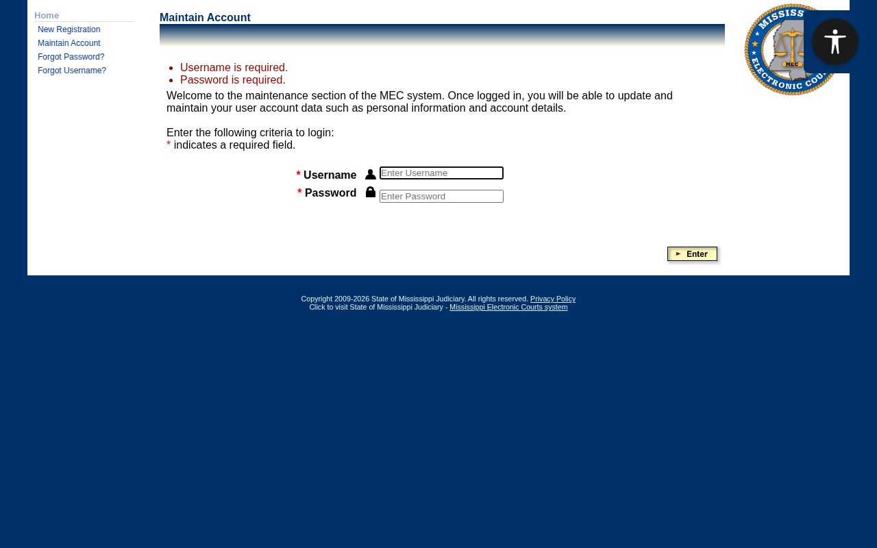 Mississippi electronic court access login for docket and case records